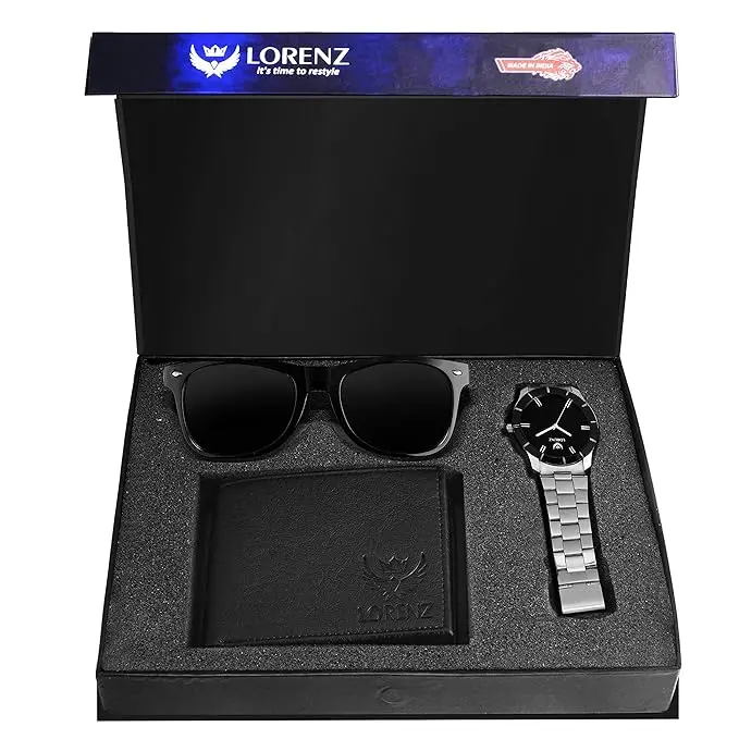 LORENZ Stainless Steel Combo Of Analog Black Dial Watch, Wallet And Black Sunglasses For Men- Cm-1066Sn-Wl-Blk