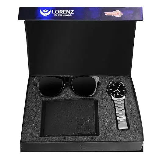 LORENZ Stainless Steel Combo Of Analog Black Dial Watch, Wallet And Black Sunglasses For Men- Cm-1066Sn-Wl-Blk